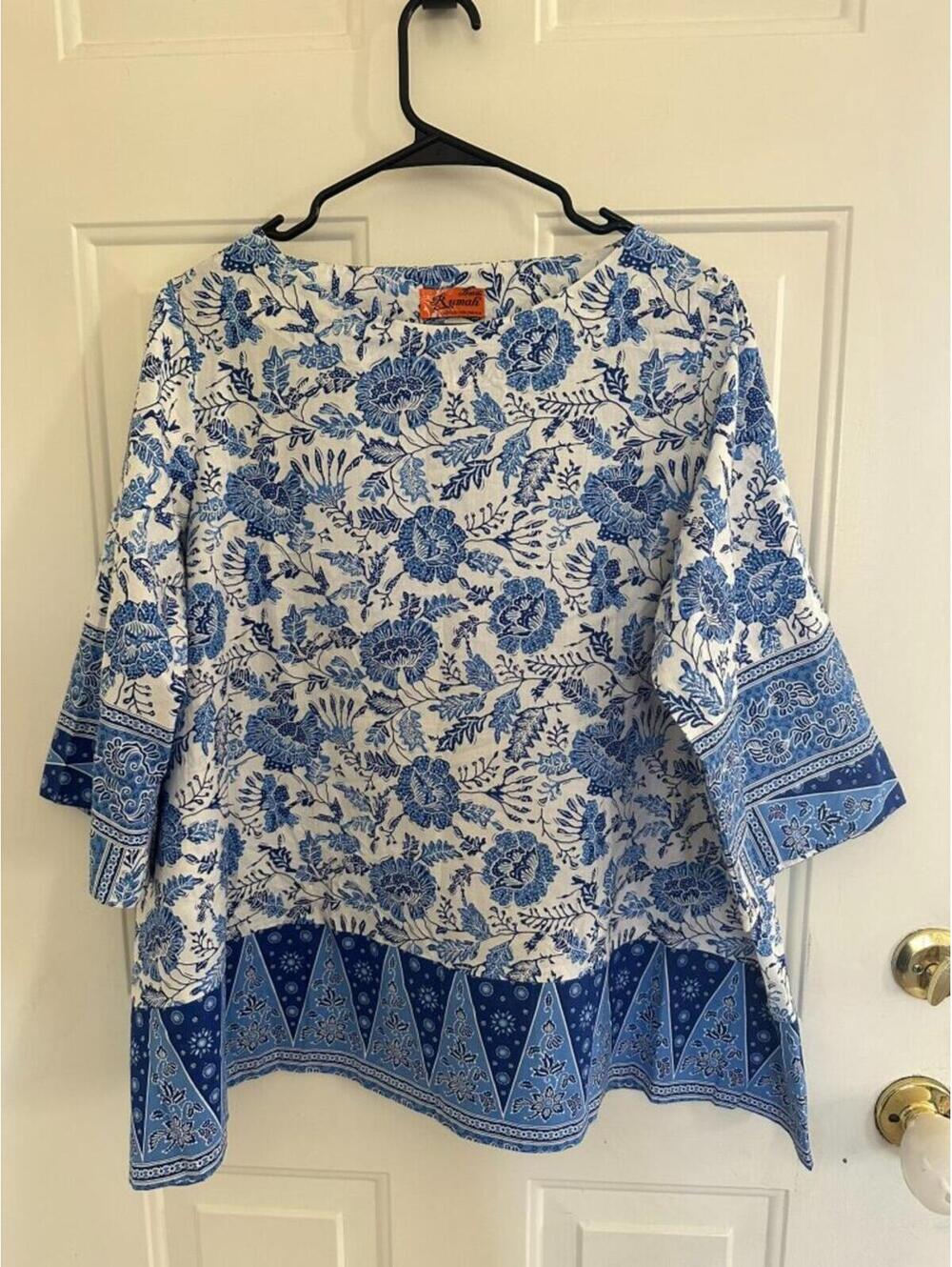 Batik Rumah Blue White Floral Boho Blouse Indonesian